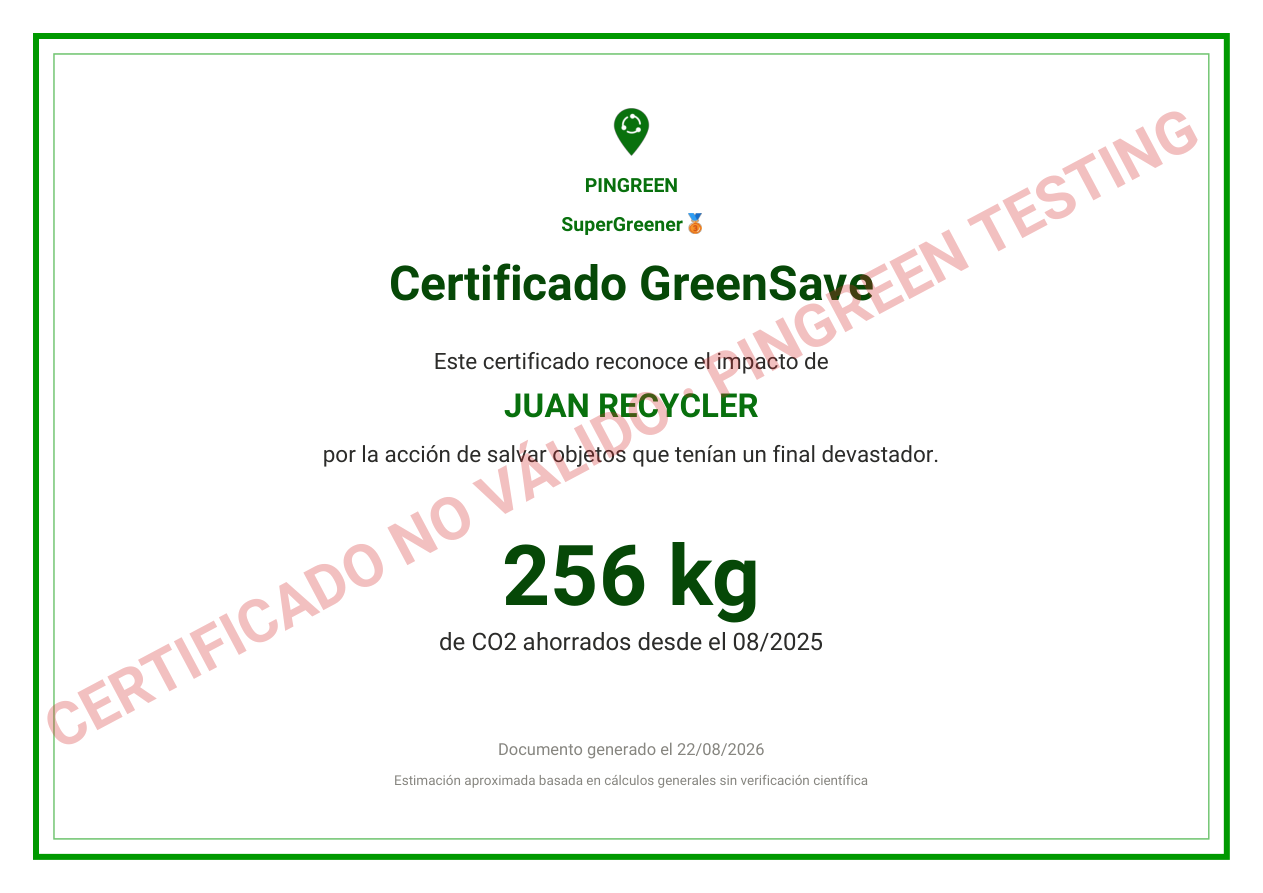 Ejemplo de certificado GreenSave de Pingreen