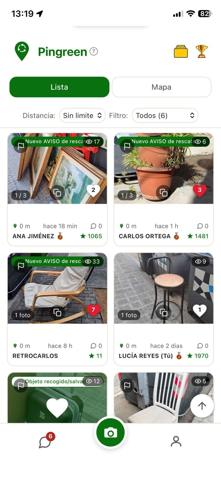 Feed de objetos cercanos en Pingreen